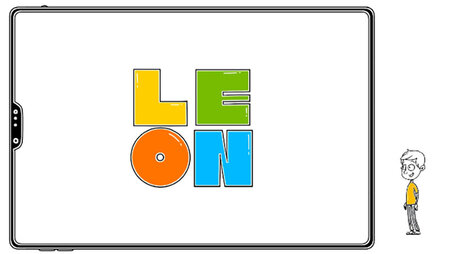 Logo von LeOn auf einer grafischen Darstellung eines Tablets, daneben steht ein kleiner Junge.